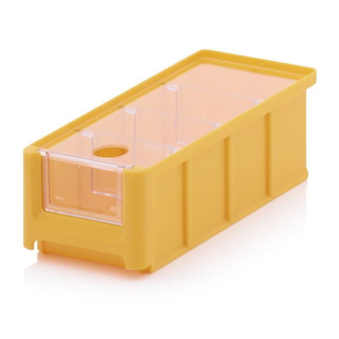Parts Bins for storage, 21,5X10X7,5cm, capacity 1.08 liters with insert window, lid and 3 dividers, Yellow, NORAH Plastics