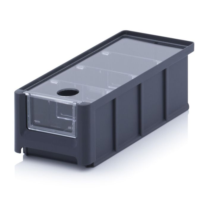 Magazijnbak 21,5X10X7,5cm, inhoud 1,08 liter met insteekvenster, deksel en 3 verdeelschotten, Zwart, NORAH Plastics