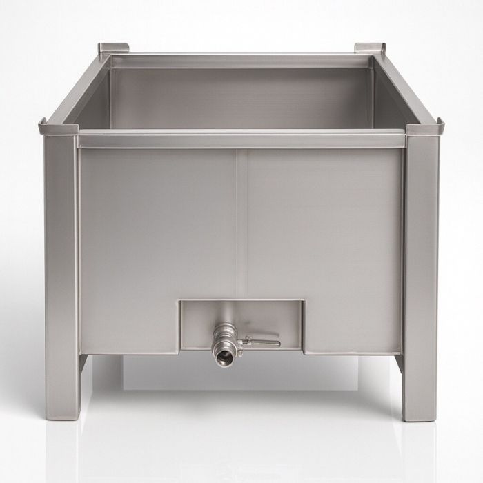 Stainless steel pallet container with spout, capacity 725 liters, 2 skid plates, NORAH INOX Stainless steel pallet container with spout, capacity 725 liters, 2 skid plates, NORAH INOX