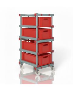 Euro Trolley incl. 4 stacking bins 60x40x22cm, red, NORAH Plastics
