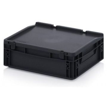 ESD stacking bin with hinged lid 40x30x13,5cm, capacity 10 liter, NORAH Plastics