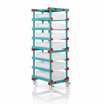 Crate trolley with 8 stacking bins 60x40x12cm, HDPE. White, NORAH Plastics
