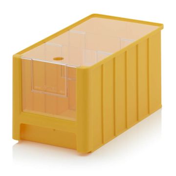 Plastic Shelving Bins 35x21x20cm, capacity 11,7 liters with 2 dividors and inset windows, Yellow, NORAH Plastics