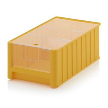 Plastic Warehouse Bin, Yellow, 50x31x20cm, capacity 25 liters with insert window, lid and 2 dividers
