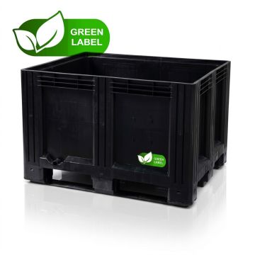Black pallet box 120x100x78 cm, 3 runners, capacity 610 liters, Green Label, RE-HDPE, NORAH Plastics