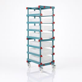 Bin trolley with 8 stacking bins 60x40x12cm, HDPE. White, NORAH Plastics