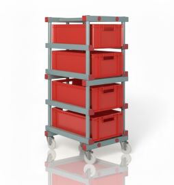 Euro Trolley incl. 4 stacking bins 60x40x22cm, red, NORAH Plastics