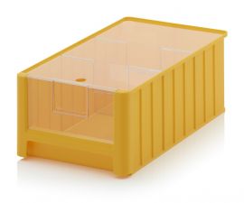 Plastic Warehouse Bin, Yellow, 50x31x20cm, capacity 25 liters with insert window, lid and 2 dividers