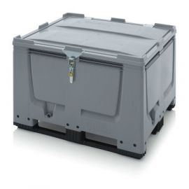 Lockable pallet bins with lock and hinged lid, 120x100x79cm, 3 drag slats, capacity 670 liters, NORAH Plastics