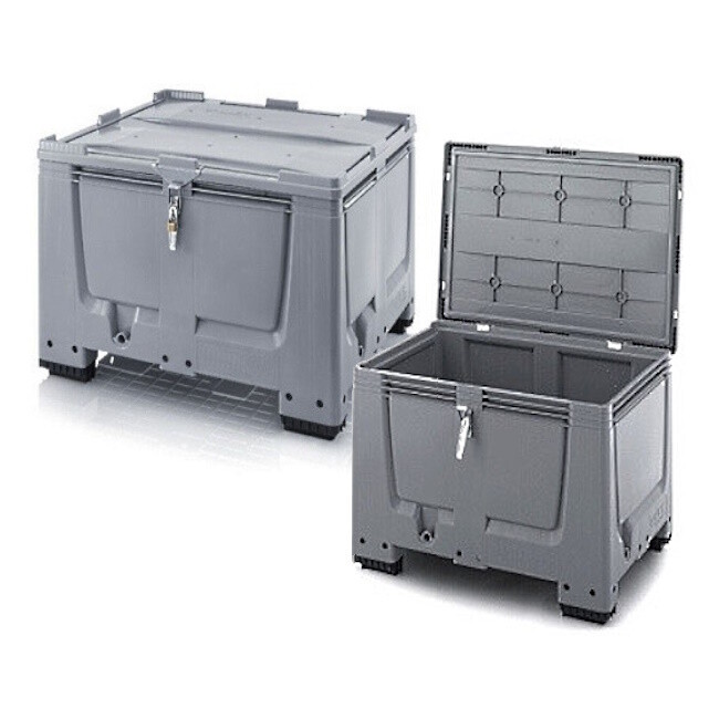 Pallet boxes with lock and hinged lid